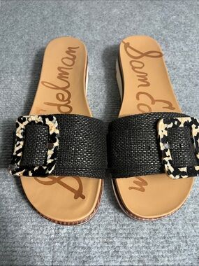 Sam Edelman Black Woven Slide Sandals with Cream/Black Pattern Buckles